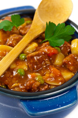 Slow Cooker Beef Stew Isolated on white. Selective focus.