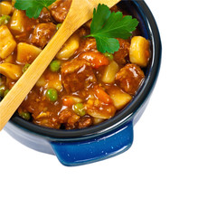 Slow Cooker Beef Stew Isolated on white. Selective focus.