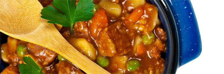 Slow Cooker Beef Stew Isolated on white. Selective focus.