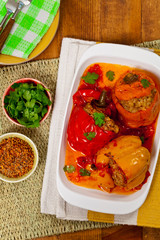 Baked Stuffed Red Bell Pepper with Meat and Rice. Selective focus.