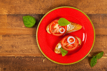 Tomato, Basil and Cream Cheese Sandwich. Selective focus.