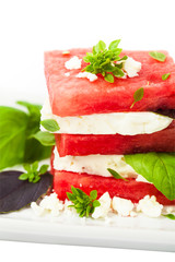 Watermelon Salad with Feta Cheese. Selective focus.