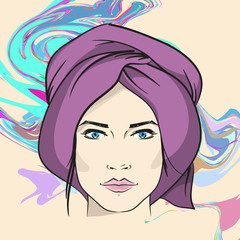 Woman with a scarf on her head vector hand drawn illustration. F
