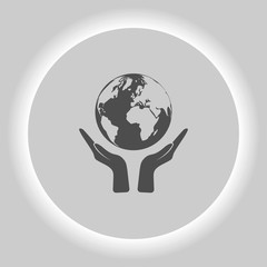 Flat paper cut style icon of two hands holding Earth
