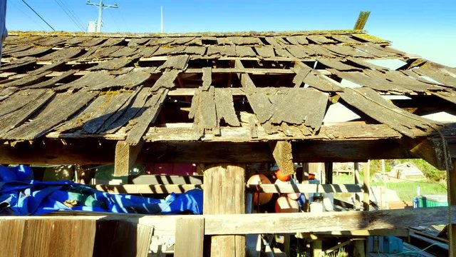 4K Dilapidated Weathered Shack, Weathered Missing Cedar Roof Wood Shingles 