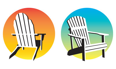 Adirondack Chair Sunset Graphics. Vector illustrations of two different adirondack, muskoka, beach chairs and setting suns.