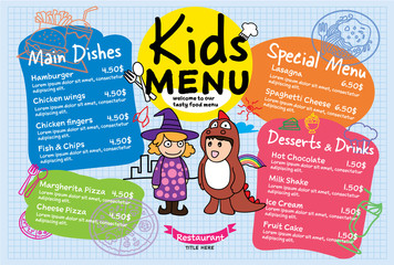 Colorful kids meal menu vector template illustration for restaurant