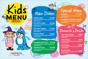 Colorful kids meal menu vector template illustration for restaurant