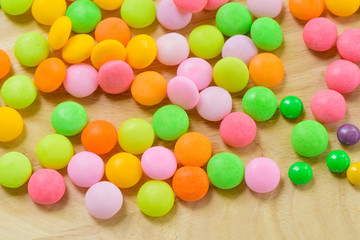 Colourful sugary candy on the table, Multicolour sugary candy for background, Colourful heart shape sugary candy