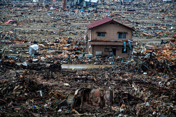 A shattered street and a survivor of the house. The consequences of the devastating tsunami. - obrazy, fototapety, plakaty