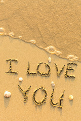 Fototapeta na wymiar I Love You - text written on sandy beach with shells and the soft wave.