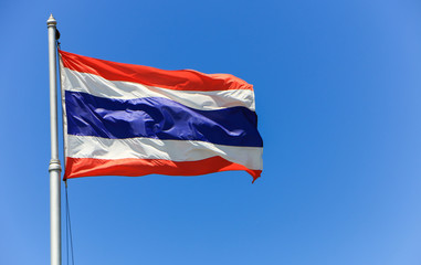 National flag of Thailand with blue sky background.