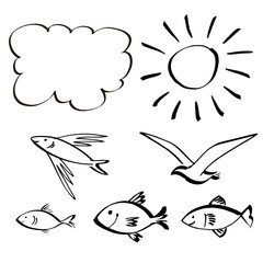 Fototapeta premium Abstract symbols: sea vacation. Funny fish, gull, cloud, sun.