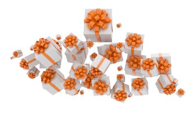 flying gift boxes on white. 3d rendering.