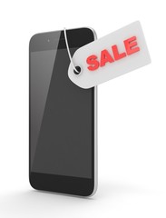 Smart phone with red sale label on white background. Best offer. Leader of sales. 3D rendering.