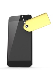 Smart phone with golden price tag on white background. Identification, price, label. Luxury and expensive offer. 3D rendering.