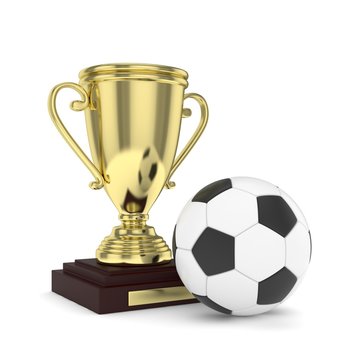 Isolated golden cup with ball on white background. Soccer and football. First place trophy. Game and competition. 3D rendering