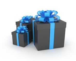 three gift boxes with bows isolated on white. 3d rendering.
