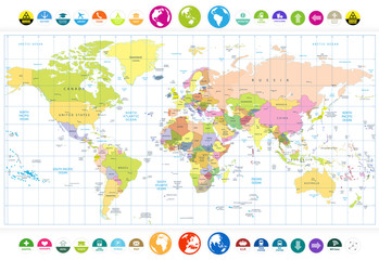 Colored political World Map with round flat icons and globes iso