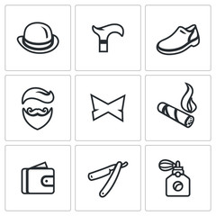 Vector Set of Gentleman Icons. Bowler, Cane, Shoes, Ethnicity, Butterfly, Cigar, Purse, Razor, Perfume.