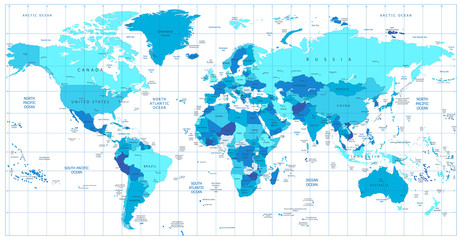 Detailed World Map in colors of blue