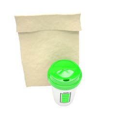 Coffee to go and lunch bag, on white. 3d rendering.