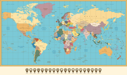 Retro color political World Map and map pointers