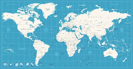 Poster World map navy blue colors and glossy style globes © pomogayev
