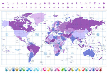 Fototapeta na wymiar World Map Violet colors and flat navigation icon set