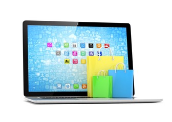 laptop and  shopping pags on white background. 3d rendering.