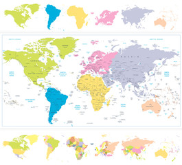 Fototapeta na wymiar World Map with continnets in different colors isolated on white