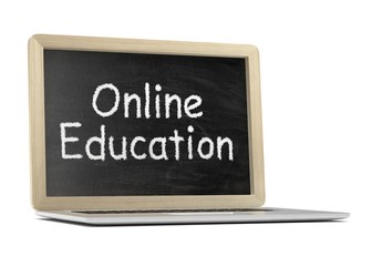 Obraz premium Laptop with chalkboard, online education concept. 3d rendering.