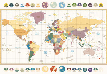 Fototapeta na wymiar Vintage color political World Map with round flat icons and glob