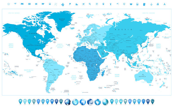 World map continents in colors of blue and glossy globes with ma