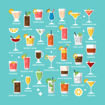 Naklejki Cocktail alcohol mixed drink icons for menu, web and graphic des