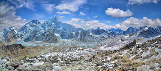 Panoramic view of Mount Everest and Nuptse  glacier and ice-fall khumbu in Sagarmatha National Park...