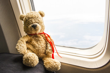Bear sits by window on the airplane.