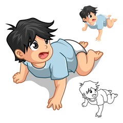 Baby Crawling Cartoon Character Include Flat Design and Outline Version Vector Illustration