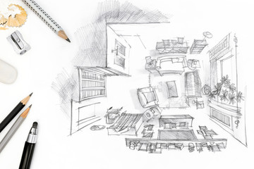designers workplace with graphical sketch of living room