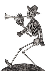 Art Skull Day of the dead.Art design skull playing trumpet action smiley face day of the dead festival hand pencil drawing on paper. © Jiwsurreal