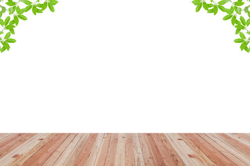 Wood floor texture and green leaves frame on white background.