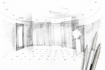 graphical drawing of hall with designers tools