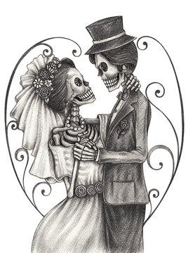 skeleton lovers couple in love wedding  day of the dead  design by hand pencil drawing on paper.