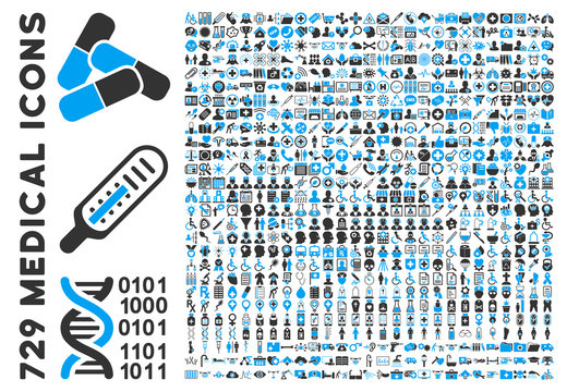 Medical Icon Clipart with 729 vector icons. Style is bicolor blue and gray flat icons isolated on a white background.