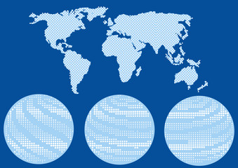 set of color halftone world globe icons and map silhouette