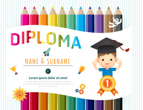 Certificate Kids Diploma, Kindergarten Template Layout Pencil 