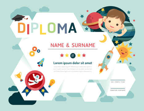 Certificate kids diploma, kindergarten template layout space 