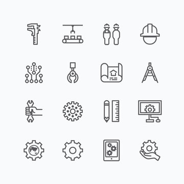 Engineering and manufacture silhouette icons set flat thin line