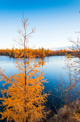 Mountain lake in tundra, deep autumn in the Taimyr Peninsula near Norilsk.