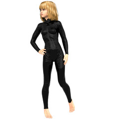Fototapeta premium one teenage girl in a black super suit. Poses looking to the left